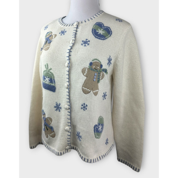 Croft & Barrow Gingerbread Knit Cardigan Sweater Winter Snow Ramie Blend Medium - Picture 12 of 16